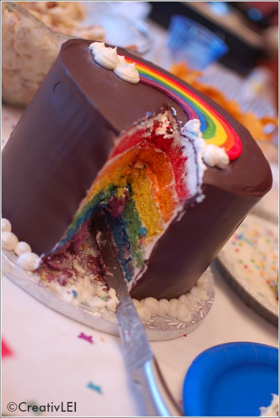 rainbow layered cake with chocolate ganache