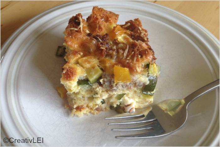 Savory bread pudding serving