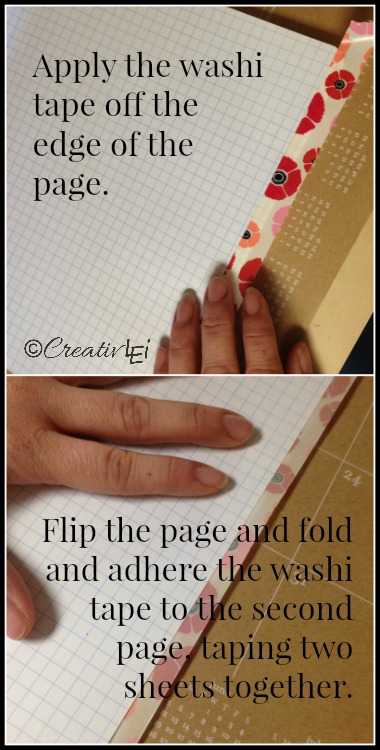 To prevent bleed-through on pages, you can use washi tape to adhere two sheets of paper per page. -CreativLEI.com