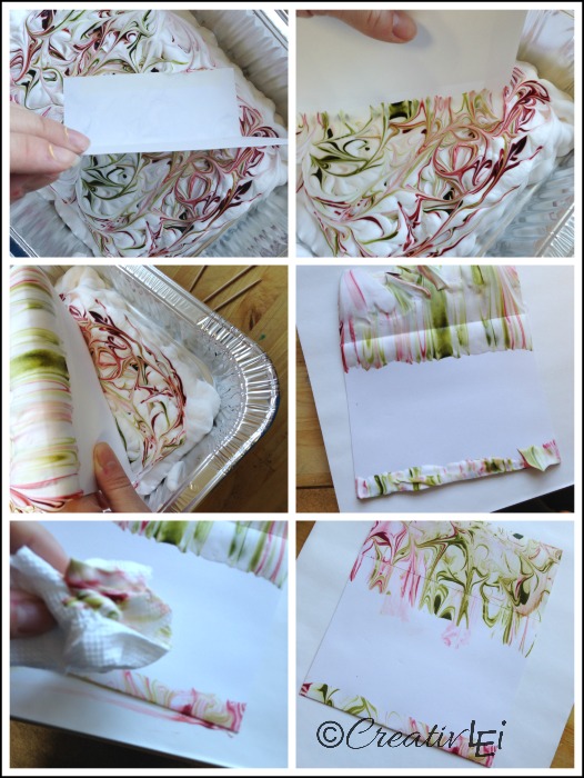 Dip paper or envelopes into your tray of faux marbling. Messy but worthwhile. CreativLEI.com